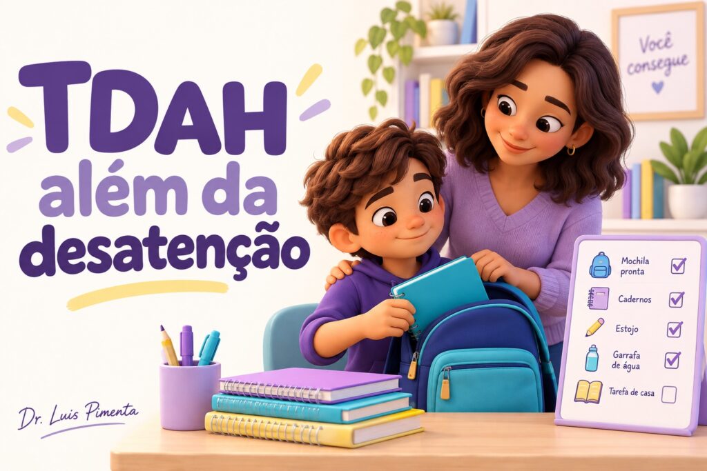 TDAH além da desatenção: mãe ajuda o filho a organizar a mochila com uma lista visual.