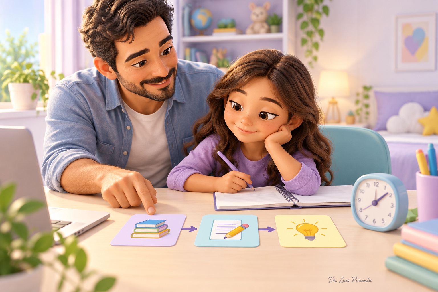 Pai ajuda a filha a organizar as etapas de uma tarefa escolar, com cartões visuais e relógio.