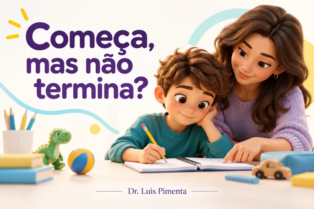 Criança realiza uma etapa da tarefa com apoio acolhedor da mãe.