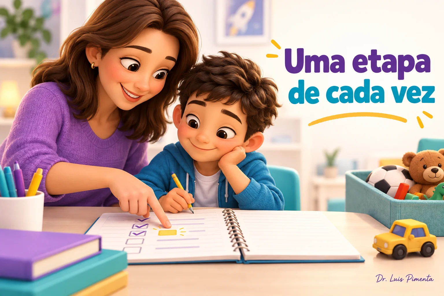 Criança realiza uma etapa da tarefa com apoio acolhedor da mãe.
