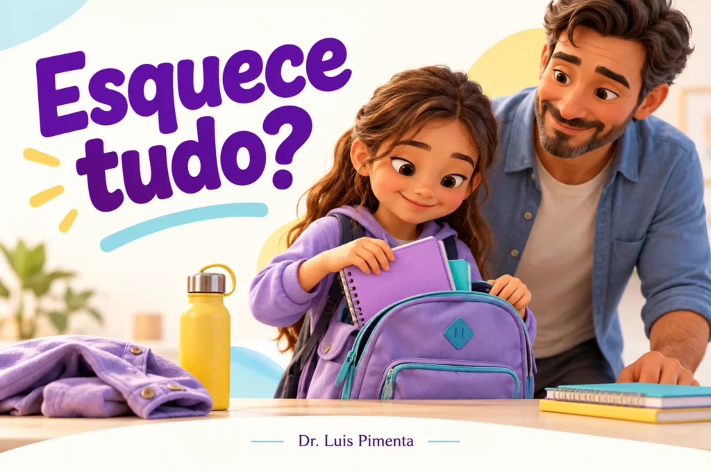 Criança confere os materiais da mochila com apoio do pai.
