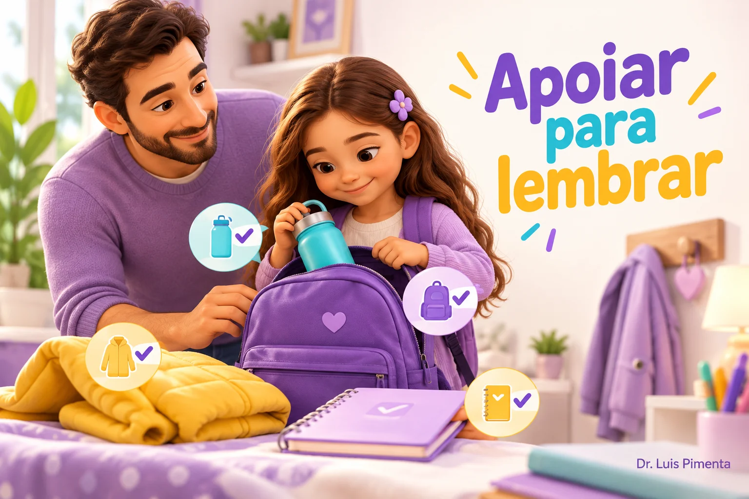Criança confere os materiais da mochila com apoio do pai.