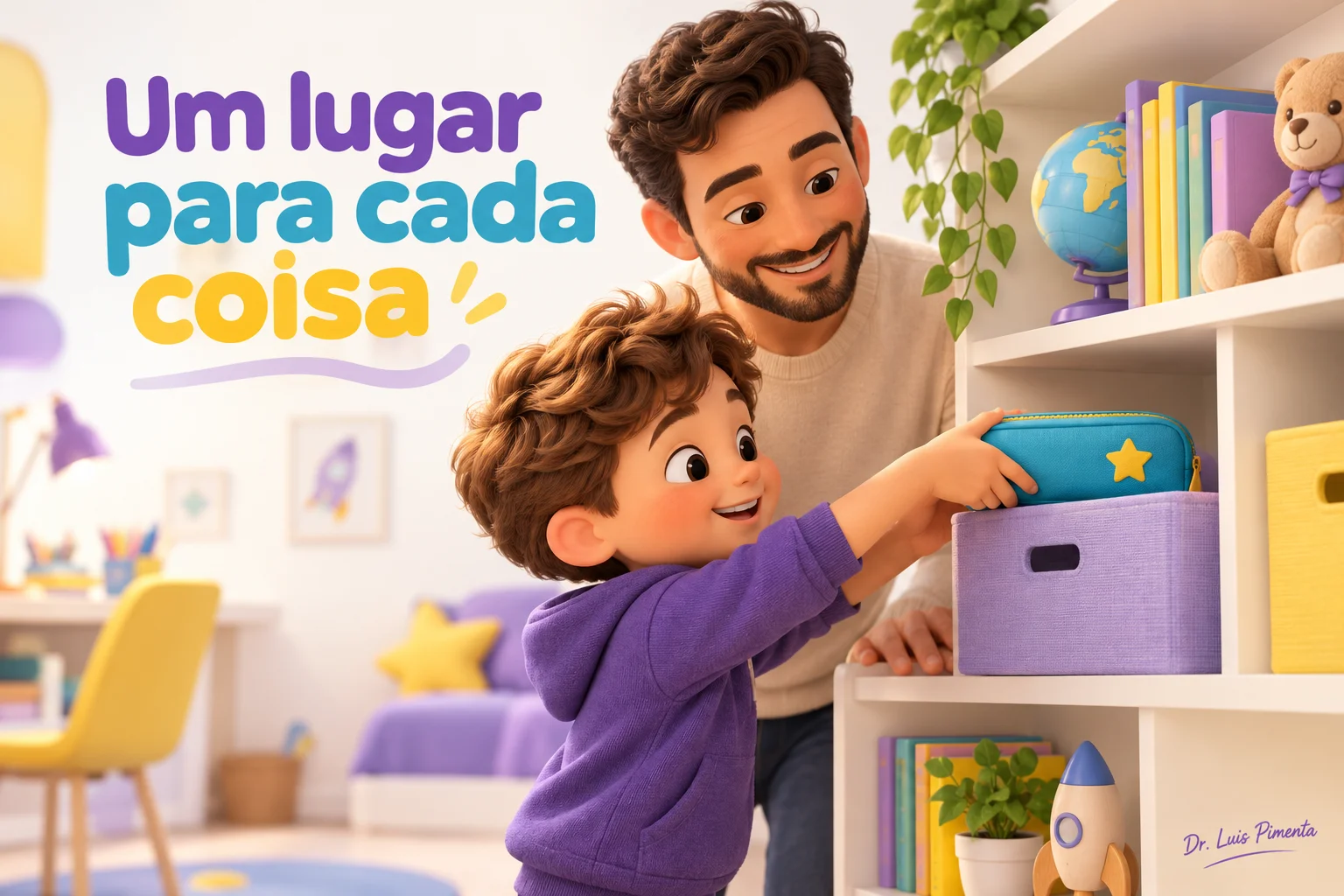 Criança guarda o estojo em um lugar fixo com apoio familiar.