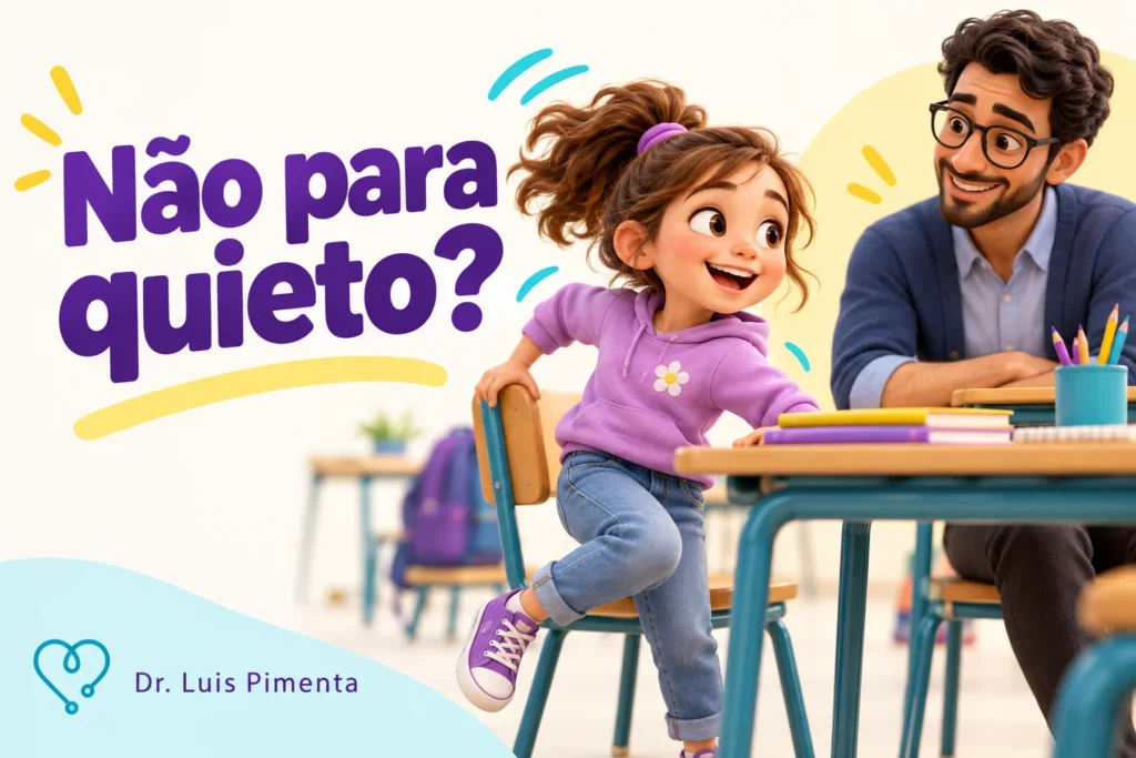 Criança faz uma pausa para movimento com apoio da professora.