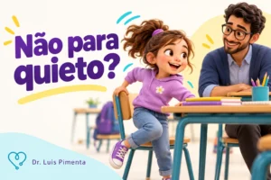 Criança faz uma pausa para movimento com apoio da professora.
