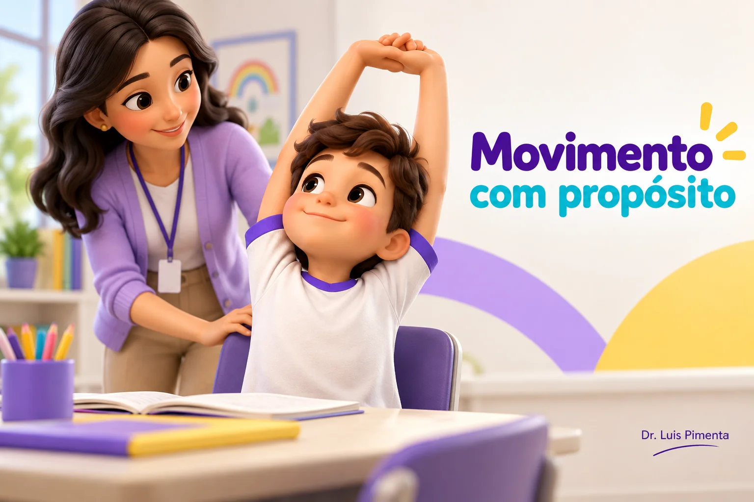 Criança faz uma pausa para movimento com apoio da professora.