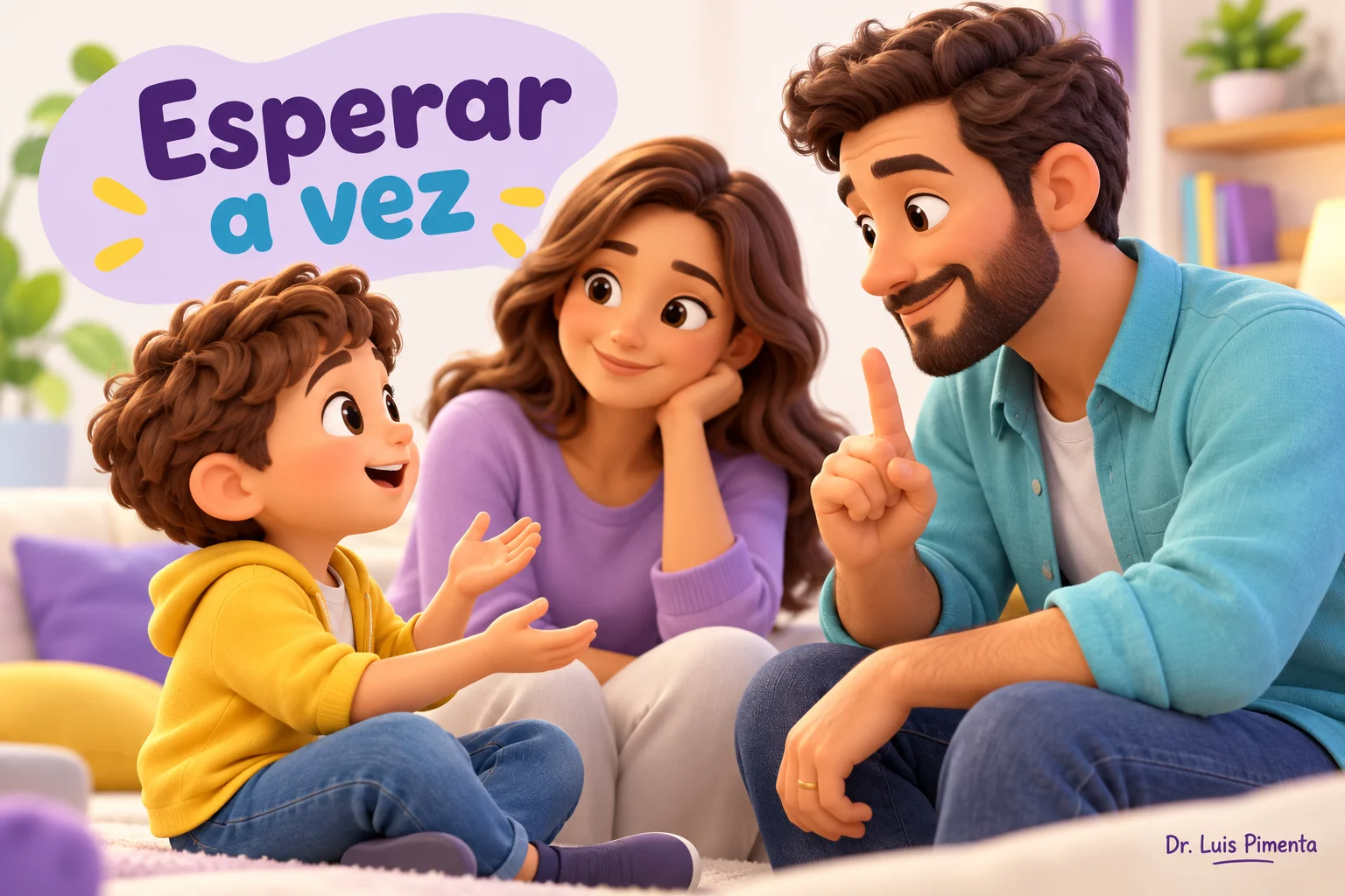 Criança aprende a esperar a vez numa conversa com os pais.