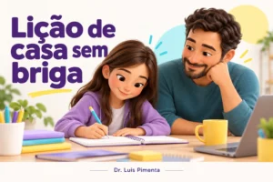 Criança faz a lição de casa em mesa organizada com apoio do pai.