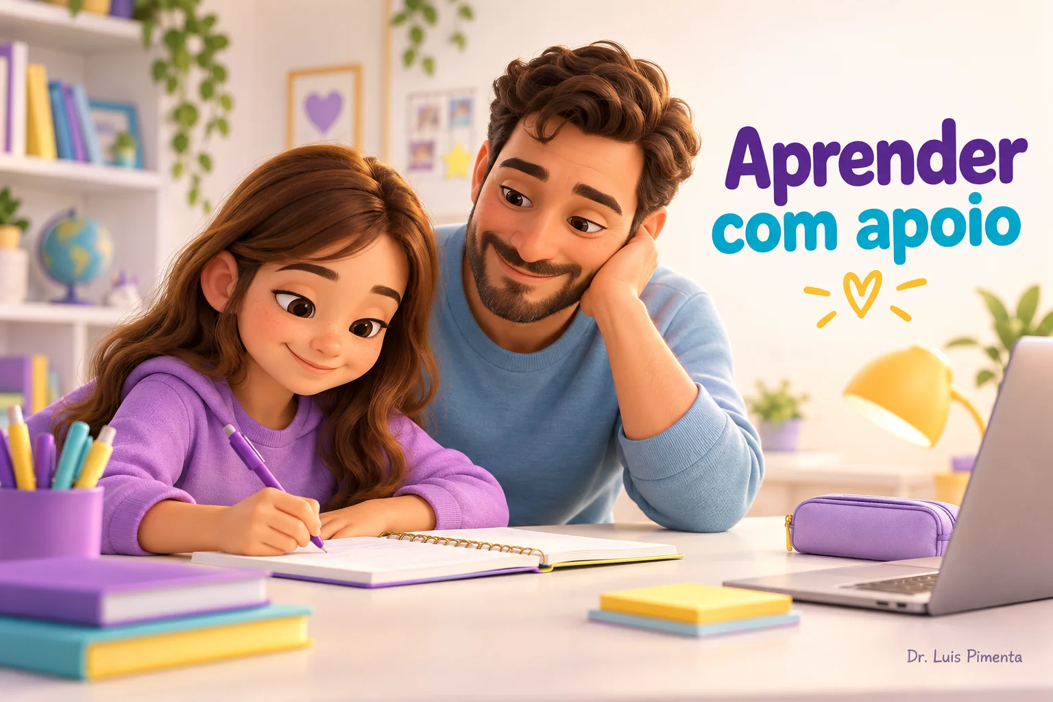 Criança faz a lição de casa em mesa organizada com apoio do pai.