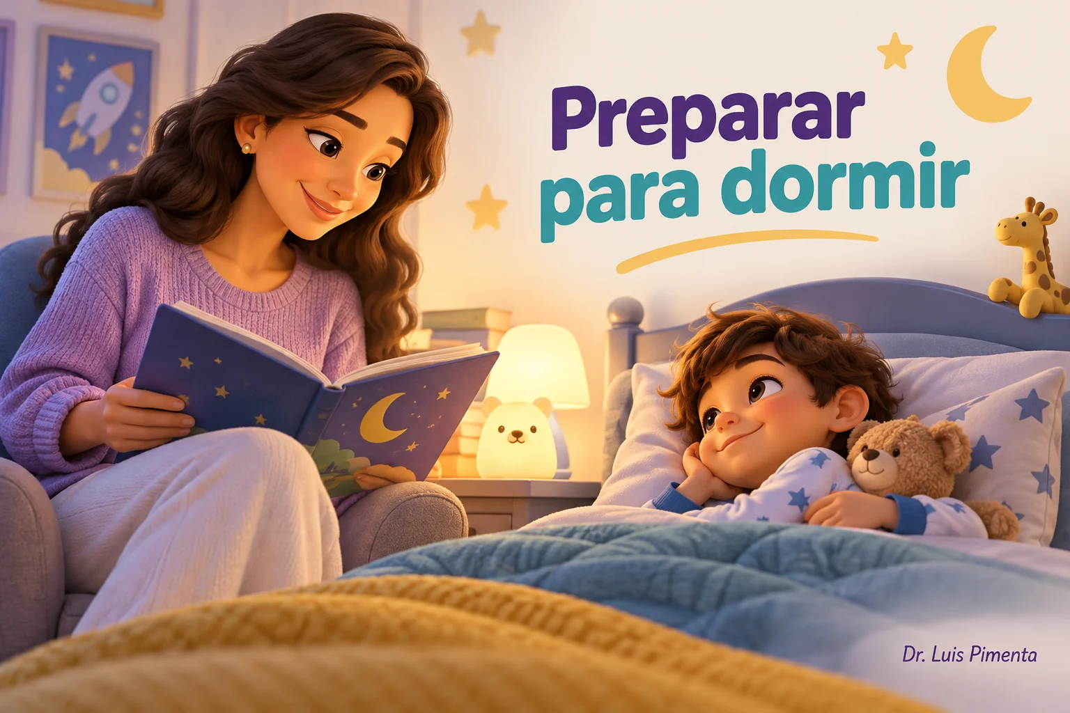 Mãe lê um livro para a criança em uma rotina tranquila antes de dormir.