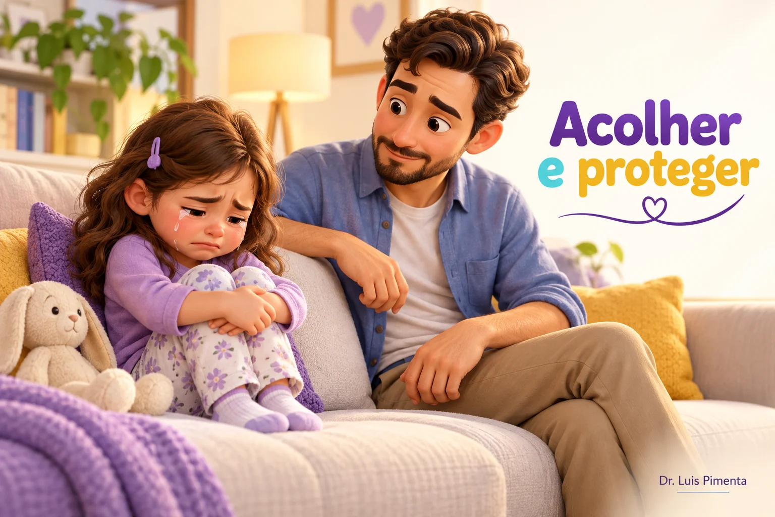 Adulto acolhe uma criança frustrada, oferecendo presença calma.