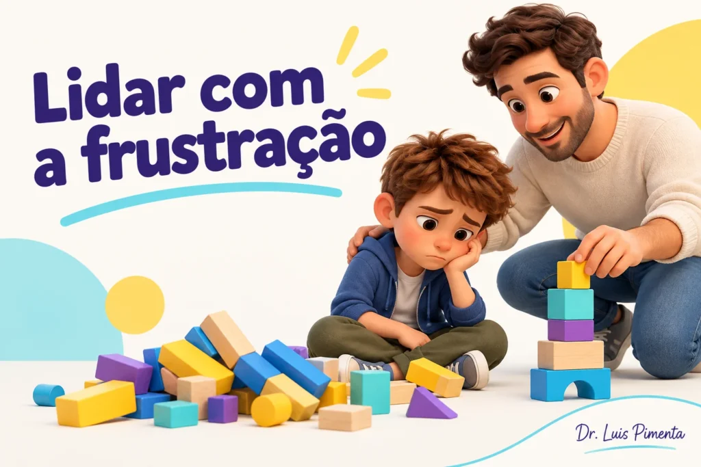 Ilustração de criança frustrada com uma torre de blocos e apoio acolhedor do pai.