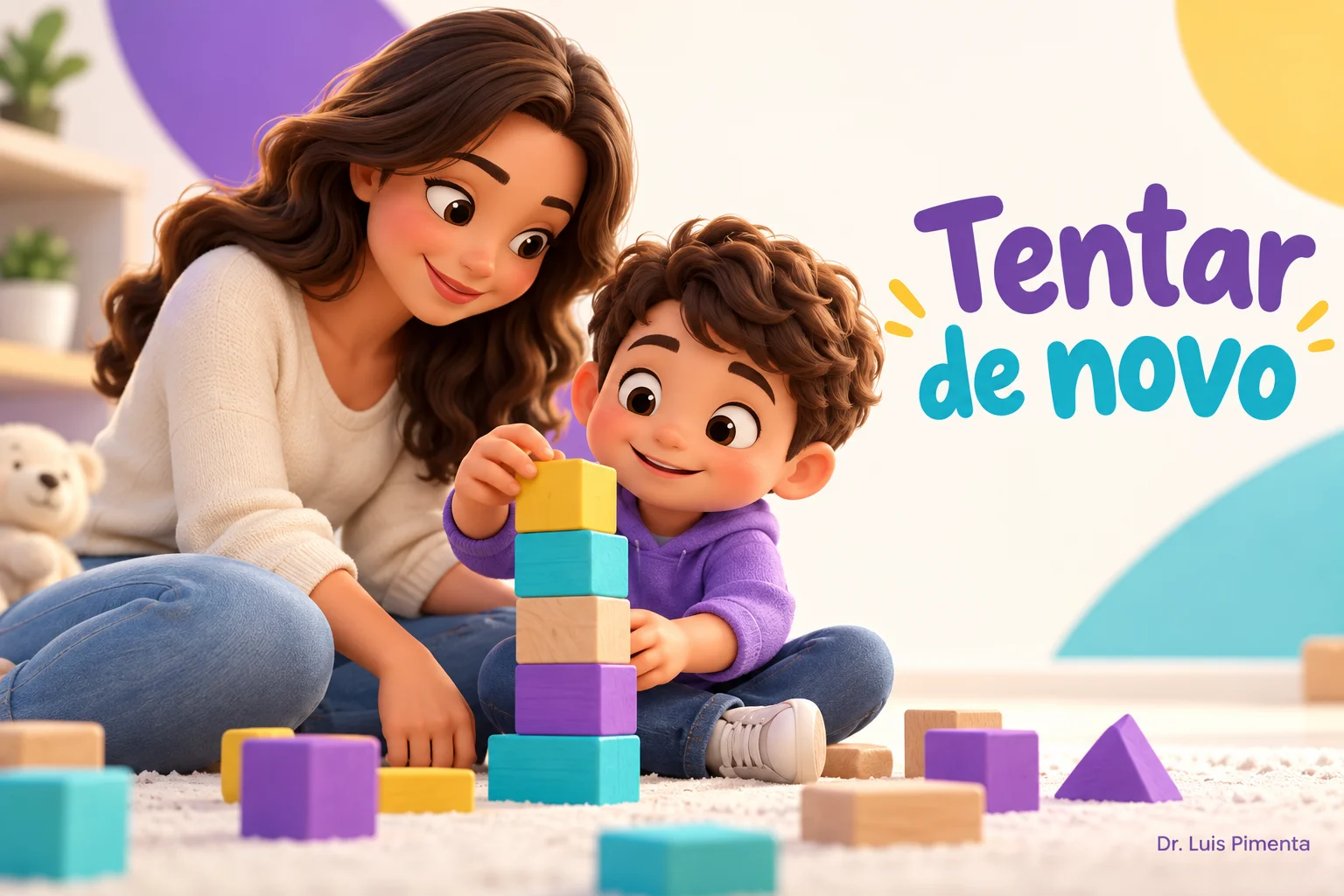 Criança tenta montar novamente uma torre de blocos com apoio da mãe.