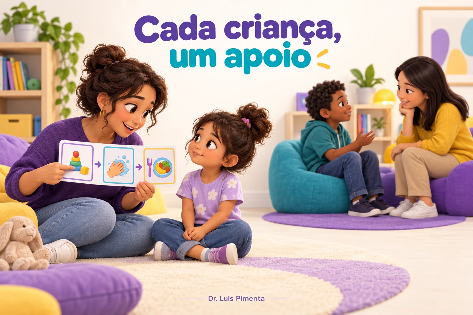 Adulta usa uma sequência visual com uma criança, enquanto outra recebe apoio em uma conversa tranquila.